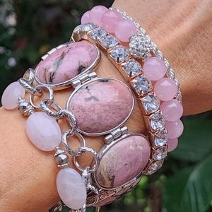 Silver Bracelets Stacking Bar/Natural Rhodonit/Rose Quartz Crystals